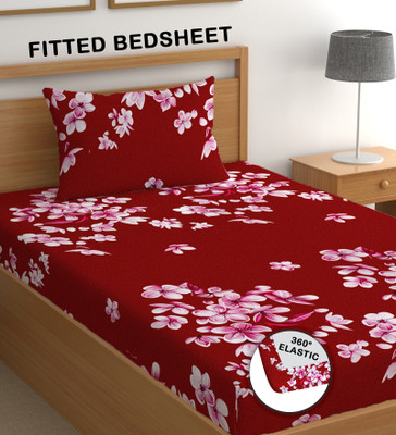 CG Homes Cotton Single Fitted (Elastic) 180 TC Printed Bedsheet(Pack of 1, Red)
