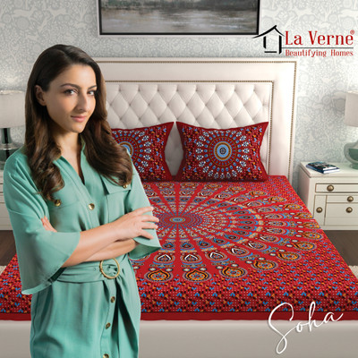 LA VERNE Cotton Double Flat 144 TC Geometric Bedsheet(Pack of 1, Red)