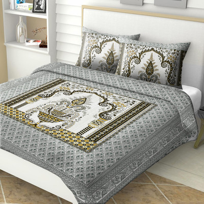 CARLTON LONDON Cotton King Flat 280 TC Printed Bedsheet(Pack of 1, Grey, Mehndi)