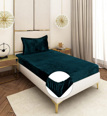 BM Decor Velvet Single Fitted (Elastic) 300 TC Solid Bedsheet(Pack of 1, Dark Green)