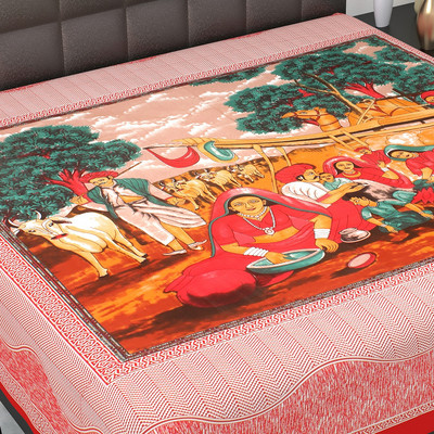Indian Royal Fashion Cotton Double Flat 144 TC Printed Bedsheet(Pack of 1, Red)