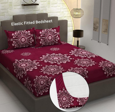 LX LOYREX 288 TC Microfiber Double Floral Fitted (Elastic) Bedsheet(Pack of 1, RED NEW)