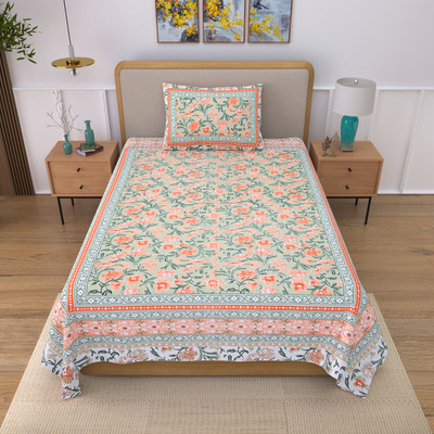 EasyGoods 240 TC Cotton Single Jaipuri Prints Flat Bedsheet(Pack of 1, Green)