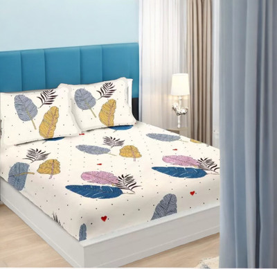 HOMYBEES 300 TC Cotton Double Abstract Fitted (Elastic) Bedsheet(Pack of 1, White)