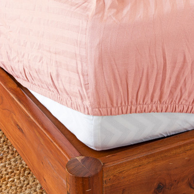 HOMEMONDE 210 TC Cotton Single Striped Fitted (Elastic) Bedsheet(Pack of 1, Pink)