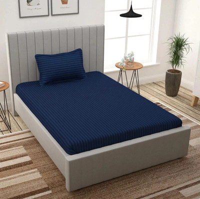 EVAN 300 TC Cotton Single Striped Fitted (Elastic) Bedsheet(Pack of 1, NAVY)