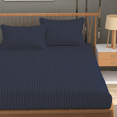 Homefab India Cotton Double Flat 140 TC Striped Bedsheet(Pack of 1, Grey)