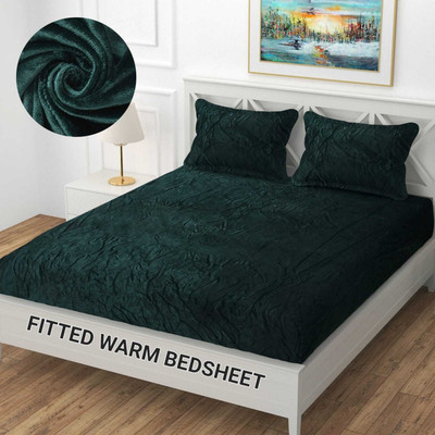 Brand Roots 400 TC Velvet Double Solid Fitted (Elastic) Bedsheet(Pack of 1, Solid Green)