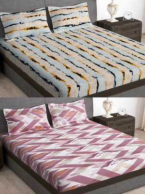 Story@home 180 TC Microfiber Double Abstract Flat Bedsheet(Pack of 1, Orange, Pink)