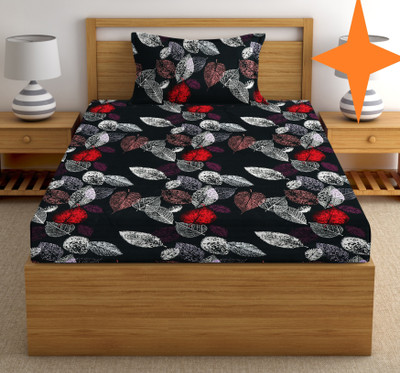 EXFAB 244 TC Cotton Single Printed Fitted (Elastic) Bedsheet(Pack of 1, Black)