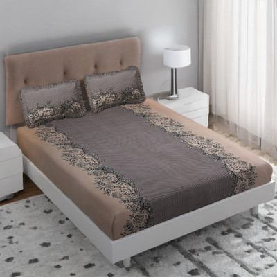 HUESPACE Cotton, Microfiber Double Flat 300 TC Printed Bedsheet(Pack of 1, Multicolor, Beige, Black)