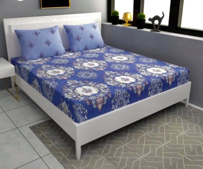 SHIRIN CREATION 350 TC Microfiber King Floral Flat Bedsheet(Pack of 1, Dark Blue, Grey pillow covers)