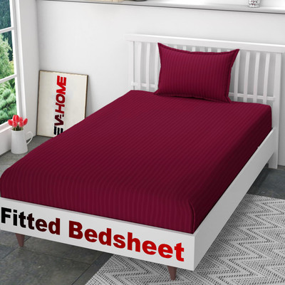 EVAHOME 300 TC Cotton Single Striped Fitted (Elastic) Bedsheet(Pack of 1, Maroon)
