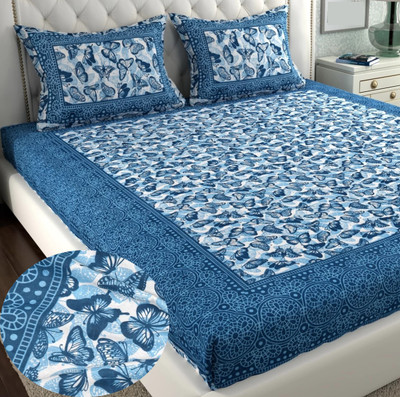 Mohini Dyeing 144 TC Cotton Queen, Double Jaipuri Prints Flat Bedsheet(Pack of 1, ButterFly Blue)