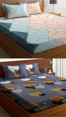 VORDVIGO 220 TC Cotton Queen Abstract Fitted (Elastic) Bedsheet(Pack of 2, Multicolor)