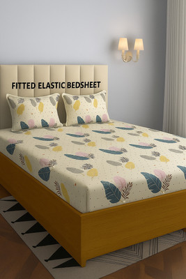 FINBIN 240 TC Cotton Double, Queen Abstract Fitted (Elastic) Bedsheet(Pack of 1, Fitted Elastic Double Bedsheet with 2 Pillow Covers |, Wrinkle-Free Finish)