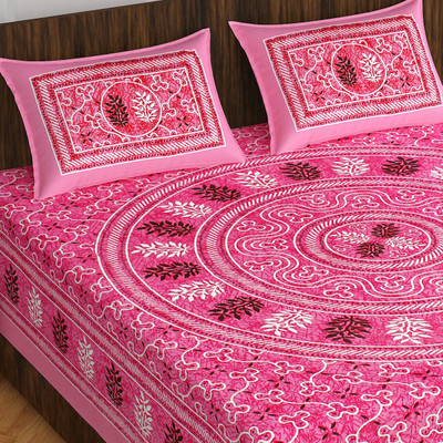 BedZone 220 TC Cotton Double, Queen Jaipuri Prints Flat Bedsheet(Pack of 1, Pink3)