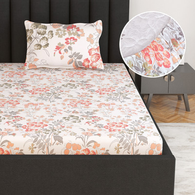 Divine Casa Cotton Single Fitted (Elastic) 144 TC Floral Bedsheet(Pack of 1, Papaya Punch)