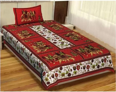 REVA 144 TC Cotton Single Jaipuri Prints Flat Bedsheet(Pack of 1, Red)
