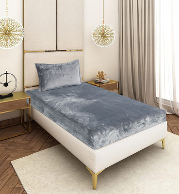Crafteal Velvet Single Fitted (Elastic) 300 TC Solid Bedsheet(Pack of 1, Grey)