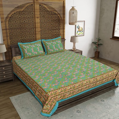 FrionKandy Living 140 TC Cotton Double Jaipuri Prints Flat Bedsheet(Pack of 1, Green)