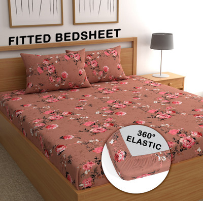 CG Homes Cotton Double Fitted (Elastic) 180 TC Printed Bedsheet(Pack of 1, Pink)