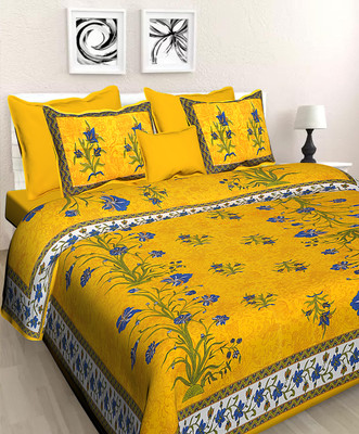 JAIPUR PRINTS Cotton Double Flat 144 TC Jaipuri Prints Bedsheet(Pack of 1, Yellow)