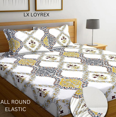 LX LOYREX Cotton King Fitted (Elastic) 250 TC Printed Bedsheet(Pack of 1, YELLOW HG56, MULTICOLOR004)