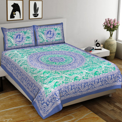 KANDY SHOP Cotton King Flat 250 TC Floral Bedsheet(Pack of 1, Blue)