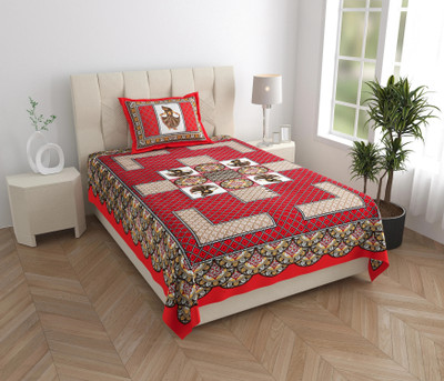Mandakini 140 TC Cotton Single Jaipuri Prints Flat Bedsheet(Pack of 1, Red)