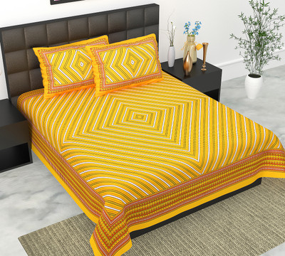Indian Royal Fashion Cotton Double Flat 144 TC Jaipuri Prints Bedsheet(Pack of 1, Yellow)
