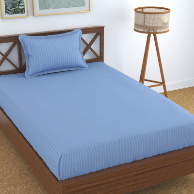 Homefab India Cotton Single Flat 140 TC Striped Bedsheet(Pack of 1, Sky Blue)