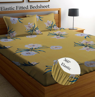 Amrange 210 TC Microfiber King Floral Fitted (Elastic) Bedsheet(Pack of 1, Yellow)