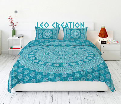 Leo Creation Cotton Double Flat 144 TC Jaipuri Prints Bedsheet(Pack of 1, Seagreen, Light Seagreen, White, Ivory)