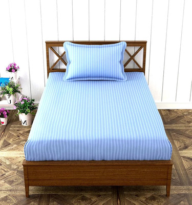 HOMYBEES Cotton Single Flat 210 TC Striped Bedsheet(Pack of 1, Sky Blue)