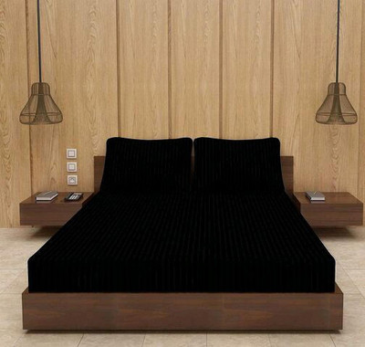 CLOVIS KRAFTS Satin King Fitted (Elastic) 220 TC Striped Bedsheet(Pack of 1, Black)