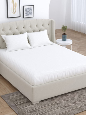 LINENWALAS 210 TC Cotton Single Striped Flat Bedsheet(Pack of 1, White)