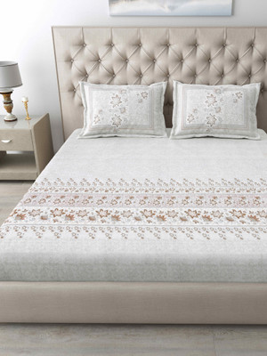 Mafatlal Cotton King Flat 186 TC Floral Bedsheet(Pack of 1, Off-white & Brown)