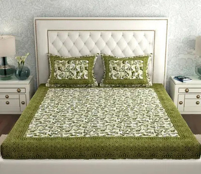 BharatLinen Cotton Queen Flat 144 TC Jaipuri Prints Bedsheet(Pack of 1, Olive Green)