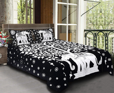 Chiraiyaa 104 TC Cotton Double, Queen Jaipuri Prints Flat Bedsheet(Pack of 1, Black, White)