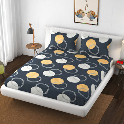 The Little Big Store Cotton King Fitted (Elastic) 210 TC Printed Bedsheet(Pack of 1, Charcoal Sphere)