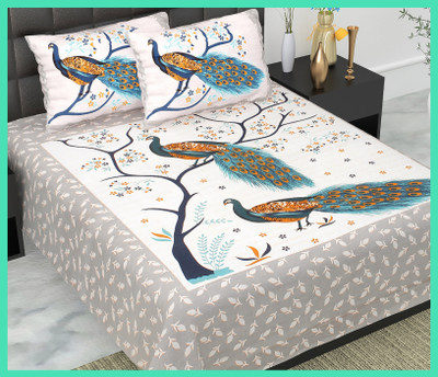 JAIPUR PRINTS Cotton Double Flat 144 TC Jaipuri Prints Bedsheet(Pack of 1, Grey)