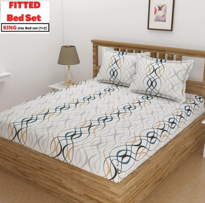 RUMFOT Cotton Double Fitted (Elastic) 240 TC Floral Bedsheet(Pack of 1, White)