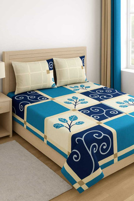 SheetZoner Polycotton Double Flat 180 TC Printed Bedsheet(Pack of 1, Teal Blue, Cream)