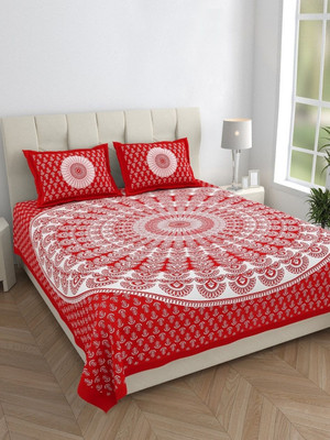 KOUNDAL Cotton Double Flat 144 TC Jaipuri Prints Bedsheet(Pack of 1, Red)