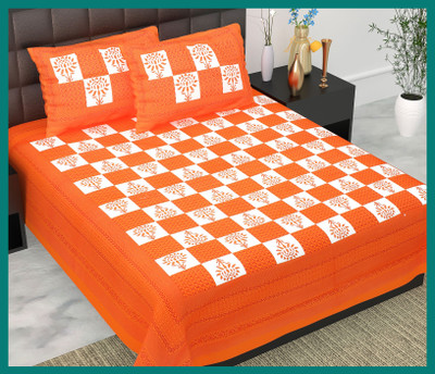 BedZone Cotton Double Flat 240 TC Jaipuri Prints Bedsheet(Pack of 1, Orange)