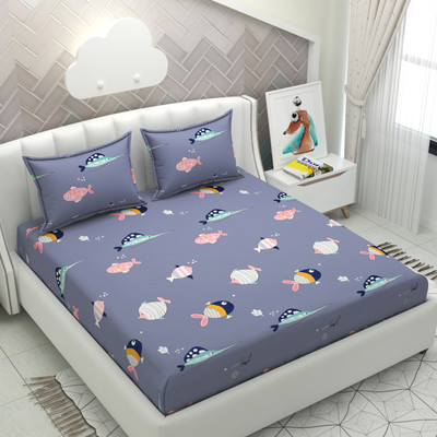 HIDECOR 250 TC Microfiber Double 3D Printed Flat Bedsheet(Pack of 1, Blue)