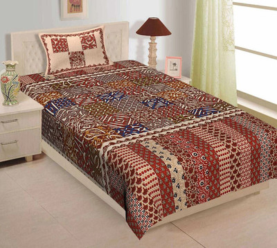 Rajasthani Traditional Cotton Single Flat 300 TC Jaipuri Prints Bedsheet(Pack of 1, Red)