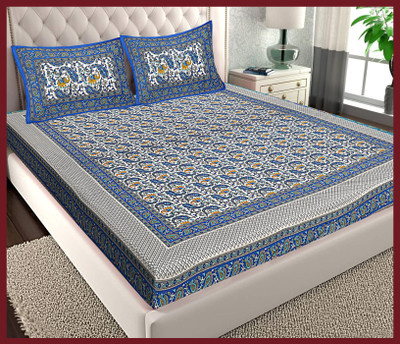 JAIPUR PRINTS Cotton Double Flat 144 TC Jaipuri Prints Bedsheet(Pack of 1, Blue)