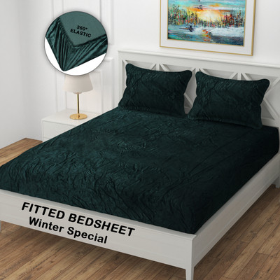 Arshi Woolen Double Fitted (Elastic) 210 TC Printed Bedsheet(Pack of 1, Green)
